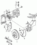 audi 66005 floating caliper brake. brake caliper housing. brake carrier with pad retaining pin. brake disc